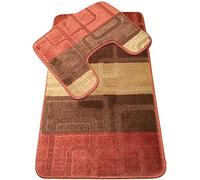 SANSAR Machine Washable 2 Piece Bath Mat & Toilet Pedestal Set Non Slip (Terracotta/Brown/Beige Stripe Square)
