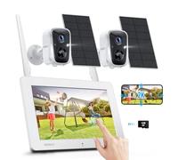 SANSCO 2K Solar Wireless Security Camera System with 4CH 7" Touchscreen Monitor, 2PCS 4MP WiFi Battery Powered Camera Outdoor with 128GB TF Card, PIR Human Detection, 2-Way Audio, Color Night Vision