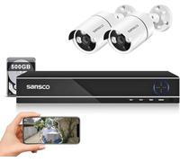 SANSCO 4CH Outdoor CCTV Camera System, 4 Channel 5MP DVR with 500GB Hard Drive, 2x 3K Bullet Security Camera, Face/Human Detection, Email/APP Alert, Remote View, USB Backup