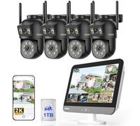 SANSCO 4MP Dual-Lens Wireless CCTV Camera System 12" Monitor 1TB Hard Drive | 4 x 2K 360° PTZ WiFi Outdoor Plug-in Home Security Camera, Color Night Vision, 2-Way Audio, Human Detect, Expandable 16-Cam