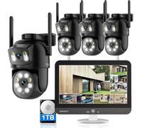 SANSCO 4MP Dual Lens Wireless CCTV Security Camera System, 12" Monitor, 1TB HDD, 16CH NVR, 4x PTZ Outdoor WiFi Camera, Auto Tracking, Color Night Vision, Human Detection, 2-Way Audio, 24/7 Recording