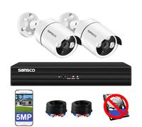 SANSCO 5MP 4 Channel Wired CCTV Security Camera System, 4CH DVR, 2x 3K Home Outdoor Surveillance Cameras, Color Night Vision, Audio Recording, Human Face Vehicle Detection, P2P, No Hard Drive