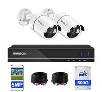 SANSCO 5MP 4 Channel Wired CCTV Security Camera System, 4CH DVR with 500GB Hard Drive, 2x 3K Home Outdoor Surveillance Cameras, Color Night Vision, Audio Recording, Human Face Vehicle Detection, P2P