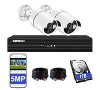 SANSCO 5MP CCTV Security System with 1TB HDD, 4CH DVR & 2 Outdoor Cameras, Color Night Vision, One-Way Audio, Human/Vehicle Detection, Face Recognition, Remote Mobile View, Motion Alerts