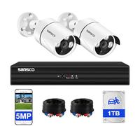 SANSCO 5MP Color Night Vision, Audio Recording, Outdoor Wired CCTV Camera System with 1TB Hard Drive, 4 Channel Surveillance DVR, 2 x 3K Home Security Camera, Human Vehicle Detection, Remote Access