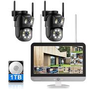 SANSCO CCTV Camera Security System with 12" Screen Monitor, 2 x 4MP Dual lens PTZ Outdoor WiFi IP Cameras with 360° Pan Tilt & Auto Tracking,16CH NVR with 1TB HDD,5G&2.4G WiFi