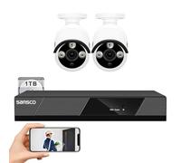SANSCO POE CCTV Security Camera System with 1TB Hard Drive, 4K 8CH H.265 NVR, 2x 5MP Outdoor IP Cameras, Built-in Mic, AI Human Face Detection, Night Vision, Remote Access-White Cam