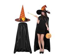 SANSIWU 2Pcs Women Witch Costume Set Full Length Wizard Vampire Cloak+Lighted Lace Flower Witch Hat Gothic Cosplay Sets (Orange, One Size)