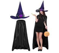 SANSIWU 2Pcs Women Witch Costume Set Full Length Wizard Vampire Cloak+Lighted Lace Flower Witch Hat Gothic Cosplay Sets (Purple, One Size)