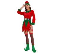 SANSIWU Adult Christmas Elf Costume Set Green Patchwork Velvet Trim Dress Long Sleeved Coat Red Pants Couple Cosplay Costume Set (B-Red No ear loops, XL)