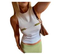 SANSIWU Cute Beaded Graphic Summer Tank Tops Women Embroidered Sequin Top Sleeveless Cherry Beach Crop Top (E-Ivory, L)