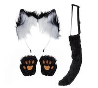 SANSIWU Halloween Fashion Faux Fur Cat Ears Hair Clip Party Costume Ornament Furry Wolf Fox Tail Bell Leather Neck Chocker Cosplay Toy Set (B-Black White Gloves, One Size)