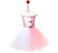 SANSIWU Kids Girls Halloween Clown Costume Cute Sleeveless Tulle Tutu Dresswith Hair Clips Gloves Collar Halloween Cosplay Costume (Pink, 8-9 Years)