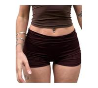 SANSIWU Knit Shorts for Women Y2k Slim Yoga Shorts Casual Solid Color Fold Over Low Waist Active Jogger Lounge Shorts (Ruched Brown, XS)