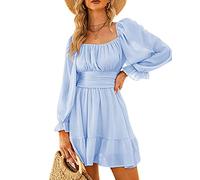 SANSIWU Ladies Back Bow Tie Square Neck Dress Off Shoulder Layered Ruffle Dress Elastic Waist Chiffon Mini Dress (A-Sky Blue, XXL)