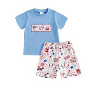 SANSIWU Little Boys 4th Of July Outfit American Flag Firework Pattern Crew Neck Short Sleeve T-Shirt And Shorts Kids 2 Pcs Patriotic Set