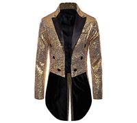 SANSIWU Mens Sequin Tuxedo Jacket Tails Fashion Tailcoat Blazer Dress Coat Swallowtail Dinner Party Wedding Banquet Prom Blazer Suit Jacket Clubwear (Golden, S)