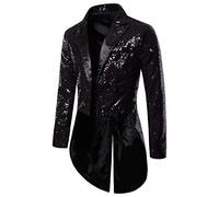 SANSIWU Mens Sequin Tuxedo Jacket Tails Fashion Tailcoat Blazer Dress Coat Swallowtail Dinner Party Wedding Banquet Prom Blazer Suit Jacket Clubwear (Black, S)