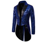 SANSIWU Mens Sequin Tuxedo Jacket Tails Fashion Tailcoat Blazer Dress Coat Swallowtail Dinner Party Wedding Banquet Prom Blazer Suit Jacket Clubwear (Dark Blue, L)
