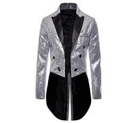 SANSIWU Mens Sequin Tuxedo Jacket Tails Fashion Tailcoat Blazer Dress Coat Swallowtail Dinner Party Wedding Banquet Prom Blazer Suit Jacket Clubwear (Silver, S)