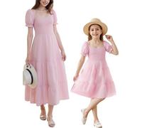 SANSIWU Mommy and Me Matching Boho Dresses Summer Ruffled Short Sleeves Smocked A-Line Long Dress for Mother and Daughter (Womens, L, A-Pink)