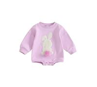 SANSIWU Newborn Baby Boy Girl Easter Outfit Bunny Embroidered Long Sleeve Bubble Romper Toddler Rabbit Sweatshirt Onesie (A-Purple, 6-12 Months)