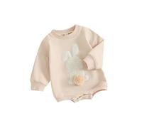 SANSIWU Newborn Baby Boy Girl Easter Outfit Bunny Embroidered Long Sleeve Bubble Romper Toddler Rabbit Sweatshirt Onesie (A-Khaki, 0-6 Months)