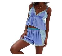 SANSIWU Satin Pajama Sets for Women 2 Piece Lace Patchwork Crop Cami Tops and Shorts Y2K Lounge Sleepwear PJ Set (Blue, S)