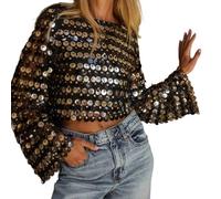 SANSIWU Sequined Tops for Women Y2k Sparkly Loose Fit Crew Neck Long Flared Sleeve T-Shirt Disco Party Top Going Out