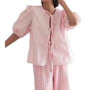 SANSIWU Tie Front Tops for Women Leopard Print Peplum Babydoll Top Puff Short Sleeve Coquette Tops Summer Going Out Cute Blouse Shirt (C-Pink, M)