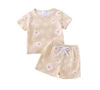 SANSIWU Toddler Girl 2 Piece Set, Round Neck Short Sleeve Daisy Print Tops + Elastic Waist Shorts Infant Baby Summer Clothes Outfits (Khaki, 18-24 Months)