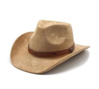 SANSIWU Western Felt Cowboy Hat for Men Women Rolled Up Wide Brim Fedora Panama Jazz Hat Cattleman Crown Cowgirl Hats with Buckle Belt (Khaki, ONE Size)
