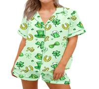 SANSIWU Women 2 Piece Easter Pajamas Set Irish Day Print Button Short Sleeves Tops And Elastic Shorts For Loungewear Soft Sleepwear (Green Hat, S)