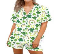 SANSIWU Women 2 Piece Easter Pajamas Set Irish Day Print Button Short Sleeves Tops And Elastic Shorts For Loungewear Soft Sleepwear (Rainbow, S)