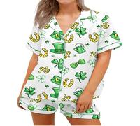 SANSIWU Women 2 Piece Easter Pajamas Set Irish Day Print Button Short Sleeves Tops And Elastic Shorts For Loungewear Soft Sleepwear (White Hat, L)