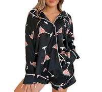 SANSIWU Women 2 Piece Pajamas Set Classic Dessert Print Long Sleeve Lounge Sets Button Down Shirts And Shorts Pjs Soft Sleepwear Set (Black, XL)