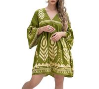 SANSIWU Women 2024 Summer Casual Dresses Boho Wrap V Neck Ruffle 3/4 Sleeve Beach Cocktail Flowy Pleated A-Line Mini Dress (Light Green, L)