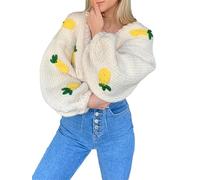 SANSIWU Women 3D Fruit Embroidered Crochet Knit Cardigan Y2K Long Sleeve Cute V-Neck Button Down Knitted Cardigans Outwear (Pineapple White, S)