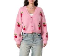 SANSIWU Women 3D Fruit Embroidered Crochet Knit Cardigan Y2K Long Sleeve Cute V-Neck Button Down Knitted Cardigans Outwear (Strawberry Pink, M)