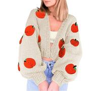 SANSIWU Women 3D Fruit Embroidered Crochet Knit Cardigan Y2K Long Sleeve Cute V-Neck Button Down Knitted Cardigans Outwear (Apple White, L)