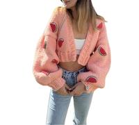 SANSIWU Women 3D Fruit Embroidered Crochet Knit Cardigan Y2K Long Sleeve Cute V-Neck Button Down Knitted Cardigans Outwear (Melon Pink, S)