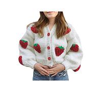 SANSIWU Women 3D Fruit Embroidered Crochet Knit Cardigan Y2K Long Sleeve Cute V-Neck Button Down Knitted Cardigans Outwear (Strawberry Red, L)
