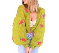 SANSIWU Women 3D Fruit Embroidered Crochet Knit Cardigan Y2K Long Sleeve Cute V-Neck Button Down Knitted Cardigans Outwear (Melon Green, S)