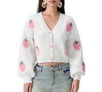 SANSIWU Women 3D Fruit Embroidered Crochet Knit Cardigan Y2K Long Sleeve Cute V-Neck Button Down Knitted Cardigans Outwear (Strawberry White, M)