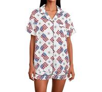 SANSIWU Women 4th Of July Pajama Sets American Flag Short Sleeve T-Shirt Casual Summer Two Piece Short Set