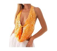 SANSIWU Women Backless Halter Crop Top Y2k Sequin Cowl Neck Sleeveless Ruched Camisole Tank Top for Club Party (Orange, L)