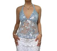 SANSIWU Women Backless Halter Crop Top Y2k Sequin Cowl Neck Sleeveless Ruched Camisole Tank Top for Club Party (E-Sky Blue, S)