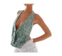 SANSIWU Women Backless Halter Crop Top Y2k Sequin Cowl Neck Sleeveless Ruched Camisole Tank Top for Club Party (Green, M)