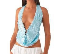 SANSIWU Women Backless Halter Crop Top Y2k Sequin Cowl Neck Sleeveless Ruched Camisole Tank Top for Club Party (Sky Blue, S)
