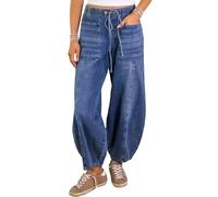 SANSIWU Women Baggy Jeans Elastic Waist Tie-up Wide Leg Balloon Barrel Denim Trousers Vintage Loose Fit Harem Pants with Pockets Streetwear (Blue A, XL)